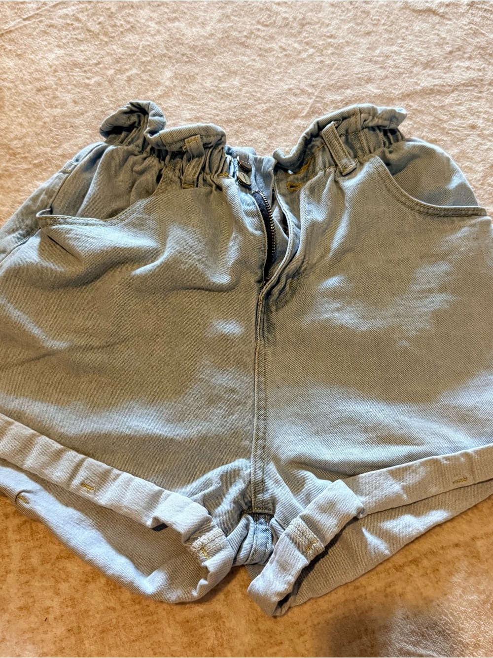 High-Waist Paperbag Light Blue Denim Shorts